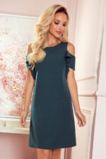 359-2 Trapezowa sukienka z falbankami na ramionach - ZIELEŃ BUTELKOWA-1
