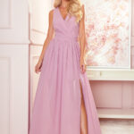 362-3 JUSTINE Długa suknia z dekoltem i wiązaniem - PUDROWY RÓŻ-1
