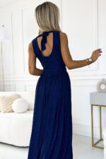 362-9 JUSTINE Długa suknia z dekoltem i wiązaniem na plecach - GRANATOWA z brokatem-5