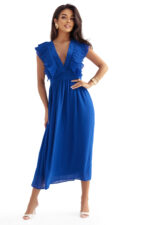 367-3 YANA Sukienka midi z plisowanymi falbankami i dekoltem - kolor chabrowy-12