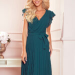 374-1 POLINA Plisowana sukienka z dekoltem i falbankami - ZIELEŃ BUTELKOWA-1