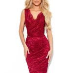 383-2 Koronkowa sukienka MIDI z kopertowym dekoltem - BORDOWA-1