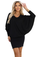 402-10 Wygodna sukienka nietoperz z długim rękawkiem - czarna-8