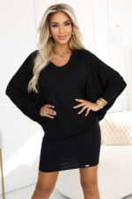 402-10 Wygodna sukienka nietoperz z długim rękawkiem - czarna-3