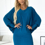 402-3 Sukienka nietoperz z dekoltem - kolor morski z brokatem-1