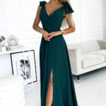 405-4 ELENA Długa suknia z dekoltem i wiązaniami na ramionach - BUTELKOWA ZIELEŃ-1
