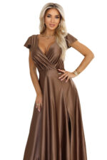 411-14 CRYSTAL satynowa długa suknia z dekoltem - mocha mousse-9