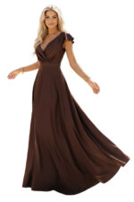 411-15 CRYSTAL satynowa długa suknia z dekoltem - czekoladowa-10