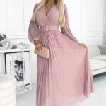414-2 KLARA plisowana sukienka z paskiem i dekoltem - PUDROWY RÓŻ-1