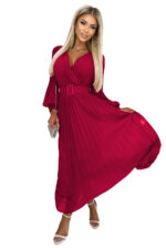 414-9 KLARA plisowana sukienka z paskiem i dekoltem - BORDOWA-7