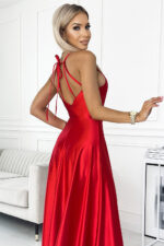 419-1 OPERLA satynowa długa suknia z dekoltem na plecach - CZERWONA-4