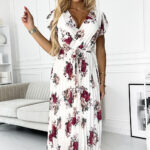 434-8 LISA Plisowana sukienka midi z dekoltem i falbankami - ecru + bordowe kwiaty-1