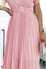 465-3 MIA Plisowana sukienka midi z szerokim paskiem - BRUDNY RÓŻ-5