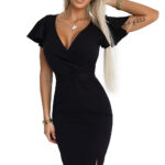 479-9 NINA elegancka sukienka z kopertowym dekoltem, rękawkiem i paskiem - CZARNA-1