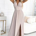 490-2 SUSAN Długa brokatowa suknia z dekoltem i przeszyciami w pasie - BEŻOWA-1