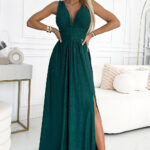 490-3 SUSAN Długa brokatowa suknia z dekoltem i przeszyciami w pasie - ZIELEŃ BUTELKOWA-1