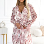 514-1 Szyfonowa sukienka z dekoltem, falbanką i paskiem - BEŻOWE KWIATY-1