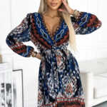 516-1 Szyfonowa sukienka z dekoltem i dlugim rękawkiem - indiański wzór-1