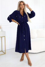 531-6 Szmizjerka midi ze złotymi guzikami i wiązaniem - GRANATOWA-3
