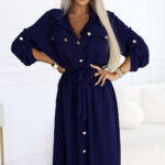 531-6 Szmizjerka midi ze złotymi guzikami i wiązaniem - GRANATOWA-1