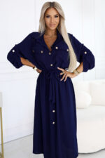 531-6 Szmizjerka midi ze złotymi guzikami i wiązaniem - GRANATOWA-1