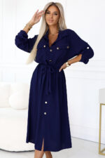 531-6 Szmizjerka midi ze złotymi guzikami i wiązaniem - GRANATOWA-5