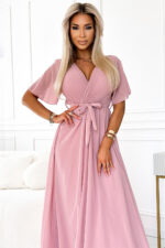 545-1 Długa sukienka z plisowanym dekoltem i wiązaniem - PUDROWY RÓŻ-5