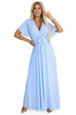 545-2 Długa sukienka z plisowanym dekoltem i wiązaniem - BŁĘKITNA-9