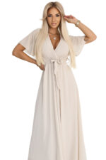 545-3 Długa sukienka z plisowanym dekoltem i wiązaniem - BEŻOWA-7