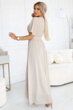 545-3 Długa sukienka z plisowanym dekoltem i wiązaniem - BEŻOWA-3