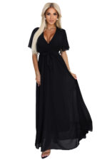 545-5 Długa sukienka z plisowanym dekoltem i wiązaniem - CZARNA-9