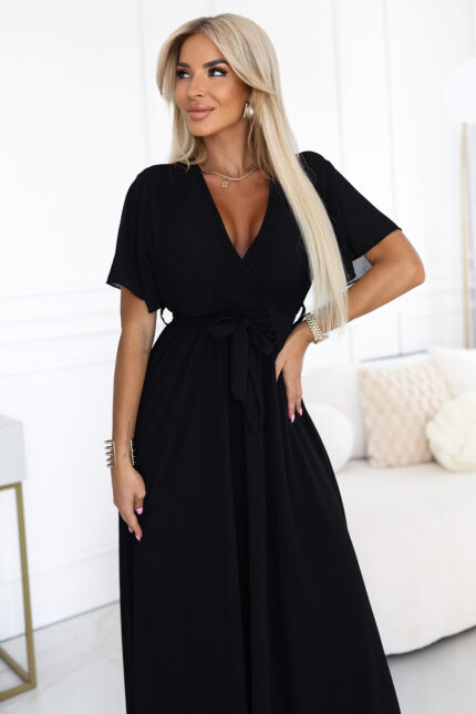 545-5 Długa sukienka z plisowanym dekoltem i wiązaniem - CZARNA-2