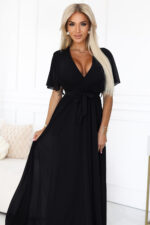 545-5 Długa sukienka z plisowanym dekoltem i wiązaniem - CZARNA-4