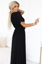 545-5 Długa sukienka z plisowanym dekoltem i wiązaniem - CZARNA-5