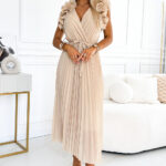 549-1 MIRABELLA Plisowana szyfonowa sukienka midi z dekoltem i finezyjnymi falbankami - BEŻOWA-1