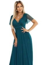 562-4 NASTIA Długa sukienka z dekoltem i krótkim rękawkiem - ZIELONA-8