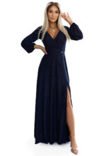 572-1 NELA połyskująca długa suknia z dekoltem i długim rękawkiem - GRANATOWA-7