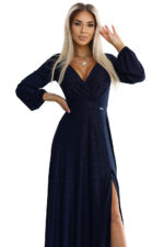 572-1 NELA połyskująca długa suknia z dekoltem i długim rękawkiem - GRANATOWA-8