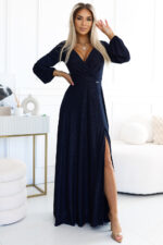 572-1 NELA połyskująca długa suknia z dekoltem i długim rękawkiem - GRANATOWA-1
