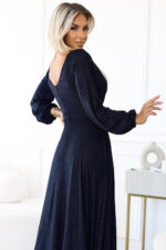 572-1 NELA połyskująca długa suknia z dekoltem i długim rękawkiem - GRANATOWA-5