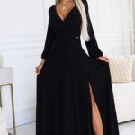 572-2 NELA połyskująca długa suknia z dekoltem i długim rękawkiem - CZARNA-1