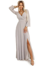 572-3 NELA połyskująca długa suknia z dekoltem, długim rękawkiem i rozcięciem na nogę - BEŻOWA-7
