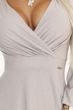 572-3 NELA połyskująca długa suknia z dekoltem, długim rękawkiem i rozcięciem na nogę - BEŻOWA-6