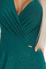 572-4 NELA połyskująca długa suknia z dekoltem, długim rękawkiem i rozcięciem na nogę - ZIELEŃ BUTELKOWA-6