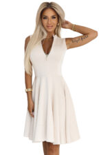 573-3 Ekskluzywna sukienka z rozkloszowanym dołem i złotym zamkiem - BEŻOWA-9