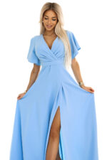 581-3 JENNIFER długa suknia z rozcięciem na nogę, rękawkiem i dekoltem - BŁĘKITNA-8