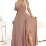 581-4 JENNIFER połyskująca długa suknia z rękawkiem i dekoltem - MOCHA MOUSSE Z BROKATEM-1