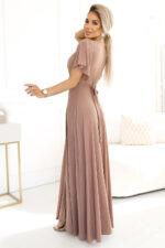 581-4 JENNIFER połyskująca długa suknia z rękawkiem i dekoltem - MOCHA MOUSSE Z BROKATEM-3