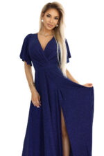 581-5 JENNIFER połyskująca długa suknia z rękawkiem i dekoltem - GRANATOWA Z BROKATEM-8