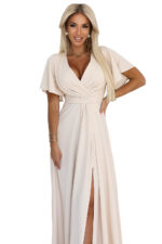 581-6 JENNIFER długa suknia z rozcięciem na nogę, rękawkiem i dekoltem - BEŻOWA-8